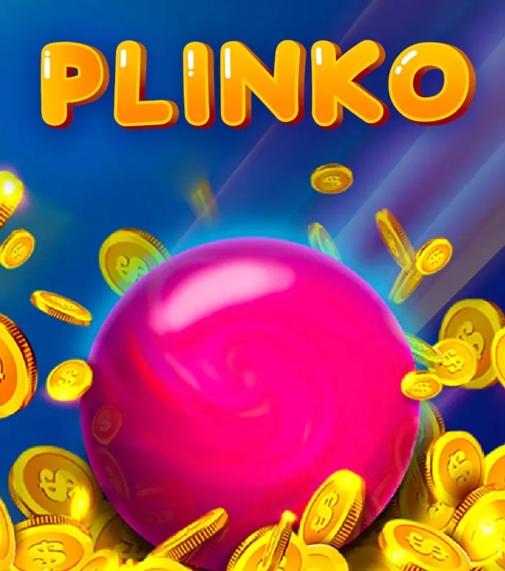 Приложение Plinko на телефон: заставка игры с розовым шариком и золотыми монетами
